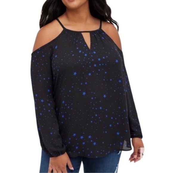 torrid Tops - Torrid Women’s Georgette Cold Shoulder Keyhole Neck Black Blue Stars Size 4